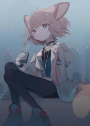 1girl animal_ears arknights bags_under_eyes black_choker black_pantyhose blue_eyes blue_vest choker coat fox_ears fox_girl fox_tail gloves highres holding hood hood_down infection_monitor_(arknights) lab_coat pantyhose parted_lips pink_hair shoes short_hair sitting sneakers solo sussurro_(arknights) tail unitedunti vest white_coat white_gloves