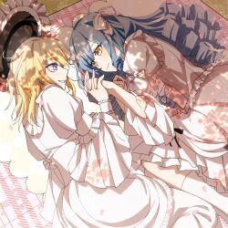 2girls artist_request bang_dream! bang_dream!_it&#039;s_mygo!!!!! blue_hair cherry_blossoms chinese_commentary closed_mouth commentary_request commission dappled_sunlight day dress drill_hair highres holding_hands interlocked_fingers long_hair looking_at_another lying medium_hair misumi_uika multiple_girls on_side outdoors parted_lips picnic_blanket pink_dress purple_eyes second-party_source smile socks sunlight togawa_sakiko white_socks yellow_eyes yuri