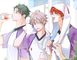 Rule 34 | 3boys, arm up, black hair, bottle, closed eyes, closed mouth, commentary request, drinking, grey hair, haikyuu!!, hair between eyes, highres, holding, holding bottle, korean commentary, male focus, multiple boys, open mouth, red hair, semi eita, short sleeves, sideburns, simi h666, sportswear, teeth, tendou satori, towel, towel on head, twitter username, upper body, upper teeth only, ushijima wakatoshi, v-neck, volleyball uniform