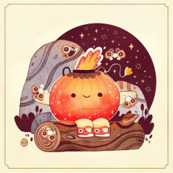 artist_name autumn border bug commentary ellievsbear english_commentary highres holding insect lantern log moth no_humans original paper_lantern plant pumpkin rock shoes signature sitting smile sneakers solid_circle_eyes sparkle yellow_background