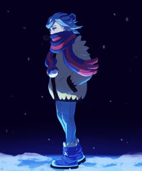 Rule 34 | 1boy, blue boots, blue eyes, blue hair, blue scarf, boots, commentary request, from side, full body, grusha (pokemon), hand in pocket, highres, jacket, looking down, male focus, min (myna8247), nintendo, pants, pokemon, pokemon sv, scarf, snowing, solo, standing, striped clothes, striped scarf, yellow jacket