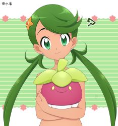 1girl ? bounsweet character_hair_ornament closed_mouth commentary_request creatures_(company) dark-skinned_female dark_skin game_freak gen_1_pokemon gen_7_pokemon green_eyes green_hair hair_ornament hair_tie head_tilt highres holding holding_pokemon kouzuki_(reshika213) long_hair looking_at_viewer mallow_(pokemon) nintendo pokemon pokemon_(anime) pokemon_(creature) pokemon_sm_(anime) smile staryu swept_bangs twintails upper_body