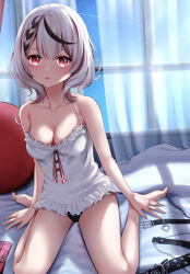 Rule 34 | 1girl, arms at sides, backlighting, bare legs, barefoot, black hair, black panties, blush, braid, breasts, c.u.wa, camisole, cleavage, collarbone, commentary, curtains, feet, frilled camisole, frills, full body, grey hair, hair between eyes, hololive, indoors, large breasts, looking at viewer, medium hair, moonlight, multicolored hair, night, on bed, open mouth, paid reward available, panties, red eyes, sakamata chloe, single braid, sitting, solo, spaghetti strap, strap slip, streaked hair, thighs, underwear, virtual youtuber, wariza, white camisole, window