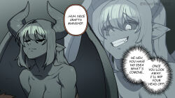 1boy 1girl artist_name black_sclera breasts brown_hair cleavage clenched_teeth closed_eyes colored_sclera colored_skin commentary demon_girl demon_horns demon_tail demon_wings dress english_commentary english_text evil_grin evil_smile expressionless gargoyle gomulgong grey_hair grey_skin grin highres horns indoors large_breasts monster_girl original pedestal pointy_ears smile solo_focus speech_bubble tail teeth thought_bubble twitter_username white_dress white_eyes wings