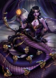 1girl artist_name artwithka black_dress black_hair blue_gemstone bracelet breasts colored_extremities colored_skin commission dress earrings facial_mark gem gold_bracelet gold_collar highres indie_virtual_youtuber jewelry lamia large_breasts long_hair monster_girl pillow purple_lips purple_skin red_gemstone sleeveless sleeveless_dress solo tail tail_ornament vexoria_the_sun_eater virtual_youtuber yellow_eyes