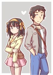 1boy 1girl blue_pants blush border brown_eyes brown_hair casual commentary_request grey_background grey_jacket hair_between_eyes hair_ribbon hairband hand_in_pocket hand_on_own_arm heart height_difference jacket kyon long_sleeves looking_at_another open_clothes open_jacket orange_shirt pants pink_skirt pocket ribbon shirt short_hair simple_background skirt smile striped_clothes striped_shirt suzumiya_haruhi suzumiya_haruhi_no_yuuutsu taiki_(6240taiki) vertical-striped_clothes vertical-striped_shirt white_border yellow_hairband yellow_jacket yellow_ribbon
