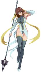 Rule 34 | 1girl, armpits, blame1904, breasts, brown hair, full body, green eyes, kagano megu, large breasts, leotard, lowres, magical girl, mahou shoujo ai, oekaki, pixel art, polearm, solo, spear, thighhighs, transparent background, weapon