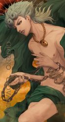 1boy absurdres blonde_hair braid bug chain cloak giorno_giovanna green_eyes green_hair highres holding holding_chain insect jewelry jojo_no_kimyou_na_bouken ladybug male_focus mullet necklace official_alternate_costume sano_(hospital_0434) sash solo topless_male vento_aureo
