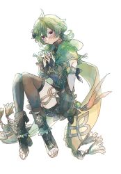 1girl ahoge blush boots bridal_gauntlets brown_boots brown_dress brown_sleeves brown_thighhighs cape capelet closed_mouth collei_(genshin_impact) commentary crossed_bangs detached_sleeves dress earrings eyelashes genshin_impact green_capelet green_hair hair_between_eyes hair_ornament hands_up highres jewelry looking_at_viewer medium_hair open-toe_boots ottottouta puffy_detached_sleeves puffy_sleeves purple_eyes red_ribbon ribbon simple_background single_earring sleeveless sleeveless_dress solo symbol-only_commentary tassel thighhighs thighlet toes vision_(genshin_impact) white_background yellow_cape