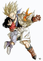 Rule 34 | 1boy, 1girl, bandana, commentary request, dragon ball, dragon ball gt, gloves, highres, jacket, kakeru (dbskakeru), orange bandana, pan (dragon ball), red shirt, saiyan, scarf, shirt, shoes, shorts, simple background, spiked hair, super saiyan, super saiyan 1, t-shirt, trunks (dragon ball)