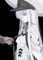 1girl black_background blue_archive breast_cutout breasts cross-shaped_pupils dress hair_behind_ear hat highres long_hair malkuth_(blue_archive) nipples peaked_cap raftetram sidelocks small_breasts standing symbol-shaped_pupils very_long_hair white_hair yellow_eyes