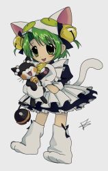 1girl animal_hat apron bell cat_hat cat_tail crossover dejiko di_gi_charat full_body green_eyes green_hair hat holding holding_pokemon jingle_bell mittens nintendo open_mouth pokemon pokemon_(creature) pokemon_gsc_(prototype) ringring_(pokemon) shoes species_connection tail teasomniac white_apron white_mittens white_shoes
