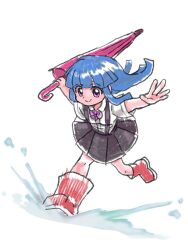 1girl blue_hair blunt_bangs blunt_ends boots bow bowtie closed_umbrella collared_shirt full_body furude_rika highres higurashi_no_naku_koro_ni higuyuki0 holding holding_umbrella long_hair outstretched_arms pink_eyes pleated_skirt puddle rubber_boots running shirt short_sleeves skirt smile solo suspender_skirt suspenders umbrella