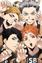 4boys black_eyes black_hair bokuto_koutarou brown_eyes claw_pose closed_mouth commentary_request fingernails grey_hair haikyuu!! highres hinata_shouyou jacket looking_at_viewer male_focus miya_atsumu mole mole_on_forehead multicolored_hair multiple_boys omg_genjitsu open_mouth orange_eyes orange_hair sakusa_kiyoomi shirt short_hair simple_background smile sportswear teeth tongue track_jacket two-tone_hair upper_teeth_only volleyball_uniform white_background white_hair yellow_eyes