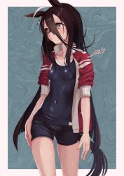 1girl a4_(a4_eishi) absurdres ahoge animal_ears black_hair black_one-piece_swimsuit breasts brown_eyes closed_mouth covered_navel cropped_jacket ear_tag earrings green_background highres horse_ears horse_girl horse_tail jacket jewelry long_hair long_sleeves manhattan_cafe_(umamusume) multicolored_hair one-piece_swimsuit open_clothes open_jacket red_jacket signature single_earring sleeves_rolled_up small_breasts solo swimsuit tail umamusume very_long_hair wet wet_clothes white_hair