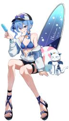 Rule 34 | 1girl, absurdres, agoberos, alternate costume, ball, baseball cap, beachball, bikini, bikini under clothes, black hat, black shorts, blue bikini, blue eyes, blue hair, blue jacket, blue nails, breasts, cat, eyewear on headwear, feet, food, full body, hair between eyes, hand up, hat, highres, holding, holding food, holding popsicle, hololive, hoshimachi suisei, invisible chair, jacket, legs, looking at viewer, medium breasts, nail polish, partially unzipped, popsicle, sandals, short shorts, shorts, side ponytail, simple background, sitting, strappy heels, sunglasses, surfboard, swimsuit, toenail polish, toenails, toes, virtual youtuber, wet, white background, white cat, white hat