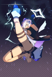 1girl absurdres amane_kanata amane_kanata_(punk_rock) angel_wings animal_ears asymmetrical_legwear bad_kim black_background black_jacket black_shoes black_straps blue_hair commentary english_commentary fake_animal_ears full_body glaring halo highres hololive hood hooded_jacket incoming_kick jacket lightning long_sleeves loose_socks multicolored_hair o-ring o-ring_thigh_strap official_alternate_costume one_eye_covered purple_eyes purple_jacket shirt shoes shorts socks solo star_(symbol) star_halo star_symbol_background thigh_strap virtual_youtuber white_hair white_shirt white_socks white_wings wings