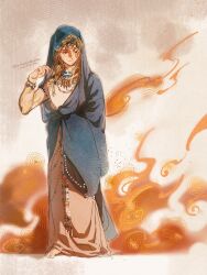 1boy 6_(reverse:1999) a_xing arm_tattoo artist_name barefoot blonde_hair blue_eyes blue_robe bracelet brown_background dated fire full_body hand_up highres jewelry long_hair looking_to_the_side male_focus official_alternate_costume reverse:1999 robe signature solo standing tattoo white_robe