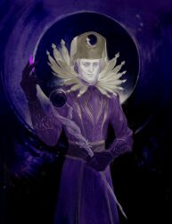 Rule 34 | 1boy, absurdres, belt, black gloves, black hole, count ymir, cruentum noctis, dark background, elden ring, elden ring: shadow of the erdtree, gem, gloves, headgear, high collar, highres, holding, holding gem, holding staff, limited palette, male focus, ornate clothes, pale skin, purple robe, robe, solo, staff, upper body, white eyes