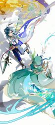 2boys black_hair braid cape facial_mark fihasel forehead_mark from_above genshin_impact green_headwear harp highres holding holding_instrument holding_polearm holding_weapon instrument jewelry lyre male_focus medium_hair multiple_boys necklace pearl_necklace polearm shirt venti_(genshin_impact) weapon white_shirt wind xiao_(genshin_impact) yellow_eyes