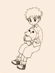 Rule 34 | absurdres, black eyes, brown hair, digimon, digimon adventure, highres, izumi koshiro, mochimon, open mouth, short hair, smile