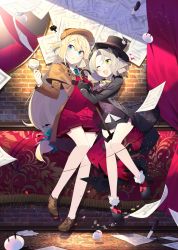 2girls 4others :o ;d aizawa_azusa alternate_costume ascot benio_(dontsugel) blouse blue_eyes blush braid breasts brick_wall buttons cane capelet collar curtains deerstalker demon_girl dress_shirt drill_hair flying_paper footwear_bow french_braid full_body hair_between_eyes happy hat highres holding holding_cane holding_magnifying_glass horns indoors jacket leaning_on_person loafers long_hair looking_at_another looking_away low_ponytail magnifying_glass miniskirt multiple_girls multiple_others necktie one_eye_closed open_mouth paper parted_bangs pleated_skirt ponytail provato_pecora_aries shirt shoes short_hair skirt slime_(creature) slime_taoshite_300_nen_shiranai_uchi_ni_level_max_ni_nattemashita small_breasts smile standing sweat top_hat tuxedo_jacket very_long_hair vest white_shirt wool yellow_eyes |_|