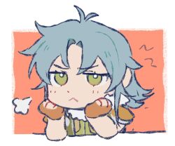 1girl ahoge blue_hair chibi commentary curtained_hair doodle_background eiyuu_densetsu english_commentary green_eyes josette_capua leorlontyan orange_background short_hair sidelocks sigh simple_background solo sora_no_kiseki