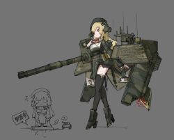artist_logo beret black_thighhighs blonde_hair blue_eyes breasts cannon challenger_2_(personification) cup doodle_inset frider hat headgear highres logo mecha_musume medium_breasts original pelvic_curtain personification red_pupils teacup thighhighs war_thunder