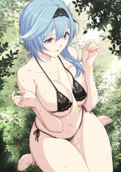 1girl bikini black_bikini black_hairband blue_hair breasts breasts_squeezed_together collarbone covered_erect_nipples cream_on_breasts eula_(genshin_impact) food_between_breasts genshin_impact grass hairband hands_up highres kneeling large_breasts leaf micro_bikini nintarou parted_lips phallic_symbol purple_eyes simulated_paizuri solo suggestive_fluid swimsuit thighs