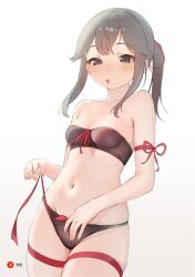 1girl :o arm_ribbon black_bra black_panties blush bra breasts brown_eyes character_name gradient_background grey_hair kantai_collection leg_ribbon long_hair panties ponytail red_ribbon ribbon sakiecho simple_background skindentation small_breasts solo strapless strapless_bra thigh_ribbon underwear usugumo_(kancolle)
