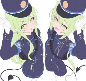 Rule 34 | 2girls, black hat, blue archive, demon tail, fang, green hair, hat, hikari (blue archive), long hair, multiple girls, nozomi (blue archive), pantyhose, ran (gcrm8377), simple background, skin fang, smile, tail, twitter, white background, white pantyhose, yellow eyes