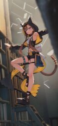 Rule 34 | 1girl, absurdres, animal ear hood, animal ears, arknights, black footwear, black jacket, black shorts, blue eyes, bookshelf, brown hair, brown tail, cat ears, cat tail, commentary, crop top, fake animal ears, flower, full body, highres, hood, hood up, hooded jacket, jacket, leg up, long hair, long sleeves, looking at viewer, navel, open mouth, pepe (arknights), platform footwear, short shorts, shorts, solo, suumon, tail, tail ornament, tail ring, toeless footwear, toes, two-sided fabric, two-sided jacket, white flower, yellow jacket