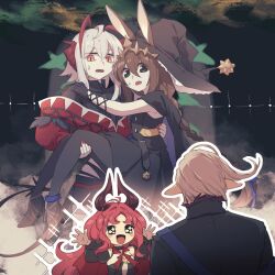 1boy 3girls :d ambience_synesthesia amiya_(arknights) amiya_(medic)_(arknights) amiya_(medic)_(solo_around_the_world)_(arknights) animal_ears anklet arknights arms_up black_dress black_eyes black_gloves black_hat black_pantyhose black_shoes blush_stickers brown_hair carrying carrying_person commentary_request dress ears_through_headwear excited facing_away fingernails fremont_(arknights) gloves grey_hair hair_between_eyes hat high_heels jewelry lari_lab long_hair long_sleeves looking_at_another multiple_girls nymph_(arknights) official_alternate_costume open_mouth orange_eyes outline pantyhose pointy_ears princess_carry red_hair ring shoes short_hair smile sparkle sparkling_aura sweatdrop w_(arknights) white_outline wis&#039;adel_(arknights) witch_hat