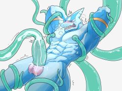 1boy abs araba_(shangri-la_frontier) arms_behind_head arms_up bara blade17 blush bound closed_eyes commentary completely_nude cum english_commentary erection fins fish_tail furry furry_male highres male_focus muscular muscular_male navel nipples nude open_mouth pectorals penis shangri-la_frontier shark_boy shark_fin shark_tail suction_tentacles tail tentacle_pit tentacles testicles topless_male twitching twitching_penis