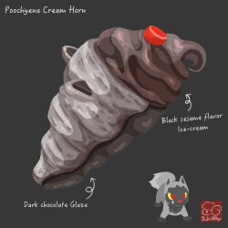 arrow_(symbol) artist_logo artist_name character-themed_food character_name cherry food food_focus food_name fruit gen_3_pokemon grey_background highres ice_cream icing logo nintendo no_humans pokemon pokemon_(creature) poochyena simple_background soft_serve yuki00yo
