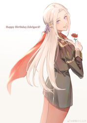 1girl absurdres black_shorts bow edelgard_von_hresvelg fire_emblem fire_emblem:_three_houses flower garreg_mach_monastery_uniform gloves hei_jiu_zhong_xin_zhu_ye highres long_hair nintendo purple_bow purple_eyes rose shorts smile white_gloves white_hair