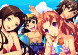 aira_(dq7) breasts brown_hair cleavage curly_hair dragon_quest dragon_quest_vii enoo gabo hat hero_(dq7) long_hair looking_at_viewer maribel_(dq7) multiple_boys multiple_girls open_mouth red_hair short_hair smile