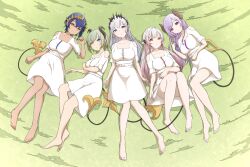 5girls absurdres alternate_costume aruha barefoot black_horns blue_eyes blue_hair breasts brown_horns clothing_cutout demon_girl demon_horns demon_tail dress full_body gradient_hair green_hair grey_hair heterochromia highres honey_strap horns large_breasts long_hair looking_at_viewer lying multicolored_hair multiple_girls nanashi_inc. on_back on_ground open_mouth pink_hair pointy_ears purple_eyes purple_hair saionji_mary sekishiro_mico shimamura_charlotte short_hair shoulder_cutout sougetsu_eli suou_patra tail tan virtual_youtuber white_dress yellow_eyes