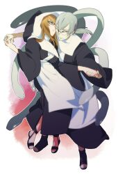 1boy 1girl apron bad_id bad_pixiv_id bidarian black_dress blonde_hair closed_mouth dress full_body full_moon green_eyes grey_hair holding_hands long_hair long_sleeves looking_at_viewer moon naruto_(series) naruto_shippuuden ninja pale_skin round_eyewear sandals slit_pupils smile toes veil white_apron white_background yakushi_kabuto yakushi_nonou yellow_eyes