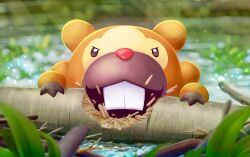 absurdres bidoof blurry blurry_foreground bright_pupils brown_eyes commentary_request creatures_(company) day game_freak gen_4_pokemon highres holding log looking_at_viewer miu_(angelo_whitechoc) nintendo no_humans outdoors pokemon pokemon_(creature) solo water white_pupils