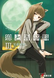 Rule 34 | 1girl, animal ear fluff, animal ears, anklet, aqua background, ayakura juu, barefoot, black pants, blunt bangs, blush, brown hair, capri pants, closed mouth, copyright name, cover, cover page, feet, foot out of frame, full moon, grey shirt, highres, holo, jewelry, knee up, long hair, looking at viewer, moon, night, novel cover, official art, pants, red eyes, scan, shirt, sitting, sitting in window, smile, solo, spice and wolf, tail, toenails, toes, wolf ears, wolf girl, wolf tail