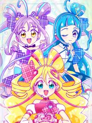 ahoge aqua_eyes blonde_hair blue_hair blush bow closed_mouth collarbone cure_idol cure_kyunkyun cure_wink detached_sleeves dress fun-yzz hair_between_eyes hair_ornament headphones heart heart_hands highres idol idol_clothes index_finger_raised kimi_to_idol_precure long_hair looking_at_viewer multicolored_hair open_mouth pink_hair plaid_bow precure purple_bow purple_dress purple_eyes purple_hair smile strapless strapless_dress very_long_hair