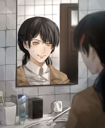 Rule 34 | 1girl, absurdres, bathroom, black hair, brown jacket, chainsaw man, cup, fuyutsuki, hair ornament, hairclip, highres, indoors, jacket, low twintails, mirror, mitaka asa, mug, reflection, shirt, sink, smile, solo, sweatdrop, toothbrush, toothpaste, twintails, white shirt, yellow eyes