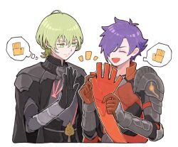 2boys ^_^ arm_up armor black_cape black_gloves brown_gloves cape closed_eyes closed_mouth commentary_request cropped_torso eyelashes fire_emblem fire_emblem:_three_houses fire_emblem_warriors:_three_hopes gloves gorget green_eyes green_hair hair_between_eyes holding image_in_speech_bubble image_in_thought_bubble kuhaha light_smile male_byleth_(enlightened)_(fire_emblem) male_byleth_(fire_emblem) male_focus male_shez_(fire_emblem) multiple_boys nintendo no_nose open_mouth parted_bangs pauldrons purple_hair short_hair shoulder_armor simple_background speech_bubble thought_bubble tongue upper_body white_background