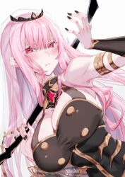 1girl absurdres artist_name black_dress black_nails black_tiara blush breasts cleavage closed_mouth dress fingernails highres holding holding_scythe hololive hololive_english kamiya_maneki large_breasts long_hair looking_at_viewer mori_calliope mori_calliope_(1st_costume) nail_polish pink_eyes pink_hair revision scythe see-through_clothes see-through_veil signature simple_background solo tiara twitter_username veil virtual_youtuber white_background white_veil