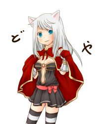 Rule 34 | 1girl, animal ears, belt, black dress, black thighhighs, blue eyes, blush, breasts, cape, cat ears, cat girl, closed mouth, commentary request, cowboy shot, creator (ragnarok online), dress, gloves, grey hair, long hair, looking at viewer, medium breasts, meiko (nattu303), pink belt, plunging neckline, ragnarok online, red cape, short dress, simple background, smile, solo, strapless, strapless dress, striped clothes, striped thighhighs, thighhighs, white background, white gloves, white thighhighs