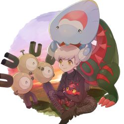 1boy black_jacket black_sweater blush brown_footwear commentary_request dracovish gen_1_pokemon gen_7_pokemon gen_8_pokemon grey_hair highres inaba_shounosuke jacket litten long_sleeves magneton male_focus nintendo pants pokemon pokemon_(creature) ribbed_sweater shoes short_hair signature sitting smile sweater sweater_under_jacket yellow_eyes