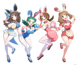 4girls absurdres alternate_costume animal_ear_headwear animal_ears apron ass azumarill azumarill_(cosplay) bare_shoulders blue_gloves blue_leotard breasts brown_eyes brown_hair choker cleavage collarbone commentary_request contrapposto cosplay covered_collarbone covered_navel cowboy_shot creatures_(company) cropped_legs egg fake_animal_ears fake_tail frills full_body game_freak gen_1_pokemon gen_2_pokemon gen_3_pokemon gloves gonzarez green_eyes green_hair grey_eyes hairband highres holding holding_egg horns kris_(pokemon) large_breasts leaf_(pokemon) leotard long_hair long_sleeves looking_at_viewer low_neckline lyra_(pokemon) maid may_(pokemon) medium_breasts multiple_girls nidoqueen nidoqueen_(cosplay) nintendo open_mouth outstretched_arms pantyhose playboy_bunny pokemon pokemon_egg pokemon_frlg pokemon_gsc pokemon_hgss pokemon_rse puffy_short_sleeves puffy_sleeves short_sleeves simple_background single_horn spiked_hairband spikes spinda spinda_(cosplay) strapless strapless_leotard tail thigh_gap waist_apron white_background white_leotard white_pantyhose wide_hips wigglytuff wigglytuff_(cosplay) wristband
