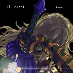 black_background blonde_hair drawing_sword from_behind gus_uur holding_sword link long_hair master_sword nintendo the_legend_of_zelda the_legend_of_zelda:_tears_of_the_kingdom upper_body