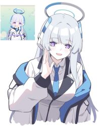 1girl blue_archive blue_necktie blush coat halo hand_up headgear highres jacket long_hair long_sleeves looking_at_viewer mechanical_halo necktie noa_(blue_archive) open_clothes open_jacket open_mouth puffy_long_sleeves puffy_sleeves purple_eyes reference_inset reia_76 shirt simple_background smile white_background white_coat white_hair white_jacket white_shirt
